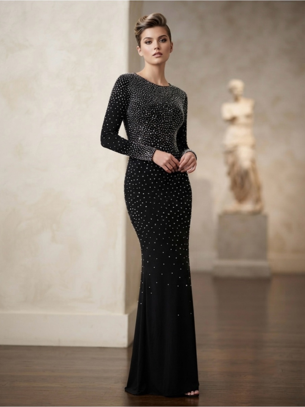 Xscape Womenâs 6 Black Stretchy Silver Studded Formal Gown Long Dress